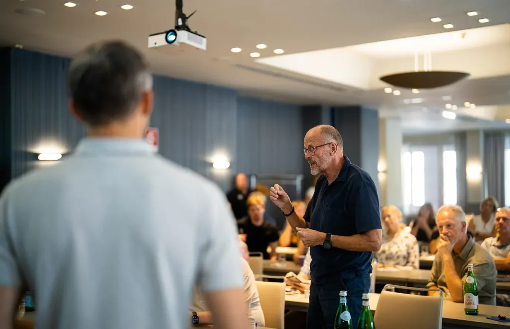 En medelålders man står och presenterar i en konferenslokal med åskådare som sitter och lyssnar.